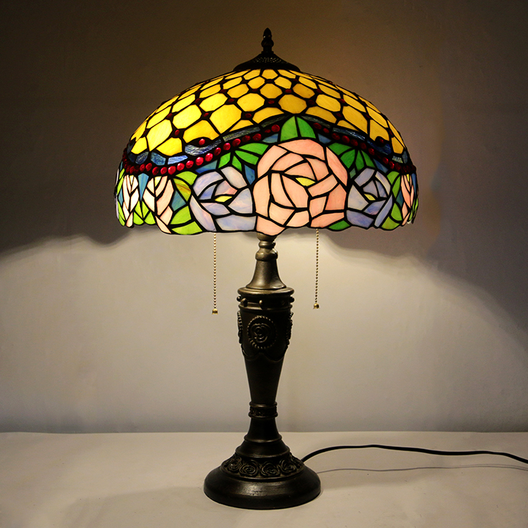 LongHuiJing 16Inch Retro Tiffany Table Lamp Stained Glass Pink Rose Lampshade Lights Handmade Glass Desk Lamps