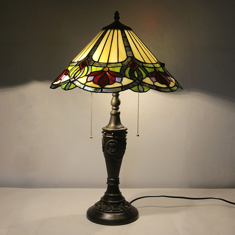 LongHuiJing 16Inch Retro Tiffany Table Lamp Stained Glass Beads Cone Floral Lampshade Lights Handmade Glass Desk Lamps