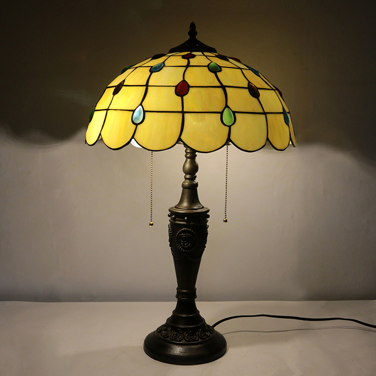 LongHuiJing 16Inch Retro Tiffany Table Lamp Stained Glass Yellow Lampshade Lights Handmade Glass Desk Lamps
