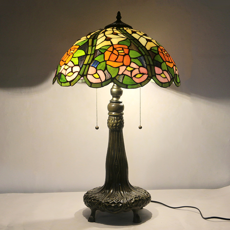 LongHuiJing 16Inch Tiffany Lamp Stained Glass Table Lamp Rose Lampshade Style Desk Reading Light Decor Lighting