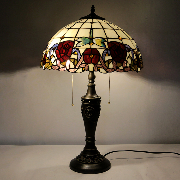 LongHuiJing 16Inch Retro Tiffany Table Lamp Red Stained Glass Red Rose Lampshade Lights Handmade Glass Desk Lamps