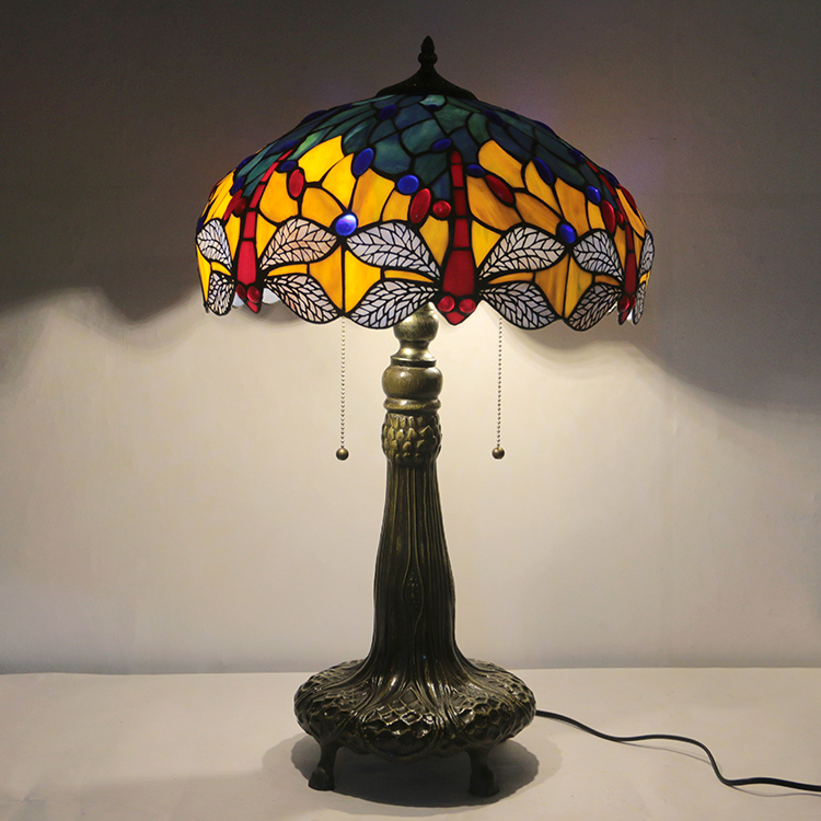 LongHuiJing 16Inch Tiffany Lamp Stained Glass Table Lamp Red Dragonfly Lampshade Style Desk Decor Reading Light 