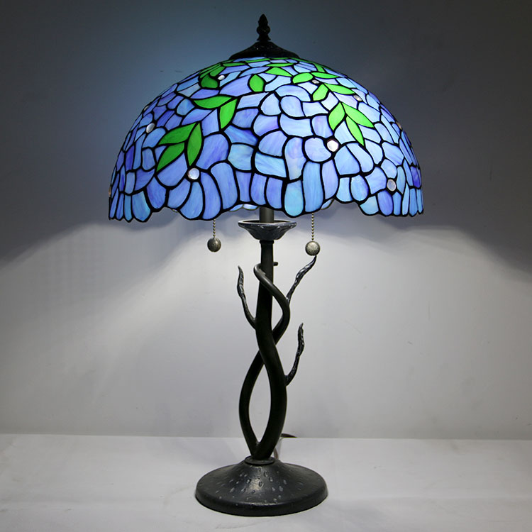 LongHuiJing Tiffany Style Table Lamp Stained Glass Lampshade Blue Bedside Lamp Rose Decorated Lamp 16Inch