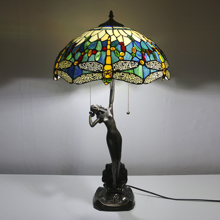 LongHuiJing 16Inch Dragonfly Tiffany Lamp Table Lamp Stained Glass Luxurious Banker Memory Lamp Antique Copper Base