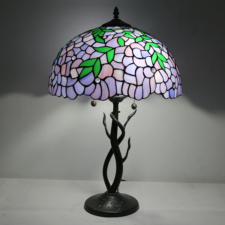 LongHuiJing Tiffany Style Table Lamp Stained Glass Purple Lampshade Bedside Lamp Rose Decorated Lamp 16Inch