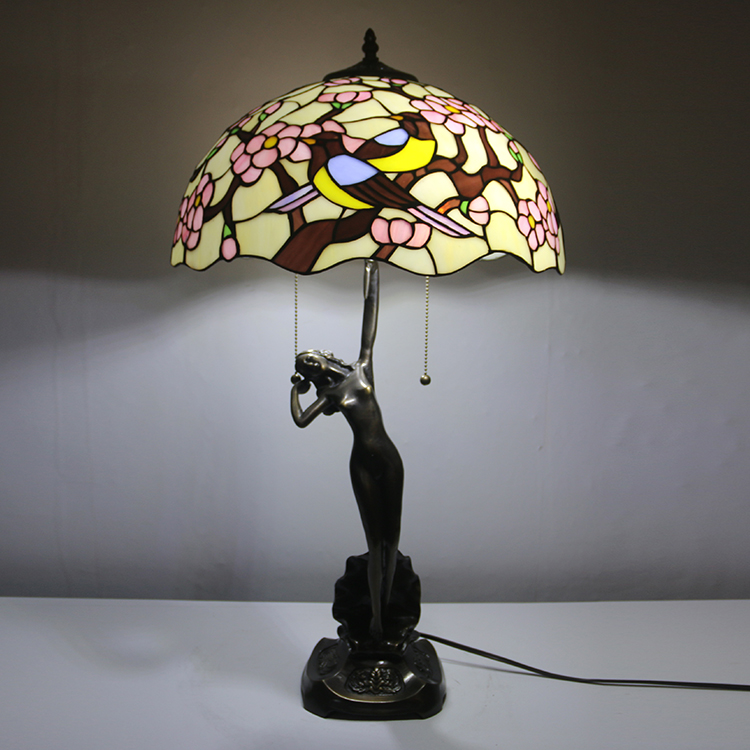 LongHuiJing 16Inch Tiffany Lamp Table Lamp Two Birds Stained Glass Luxurious Banker Memory Lamp Antique Copper Base