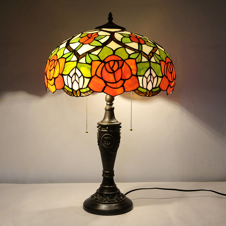 LongHuiJing 16Inch Retro Tiffany Table Lamp Stained Glass Yellow Rose Lampshade Lights Handmade Glass Desk Lamps