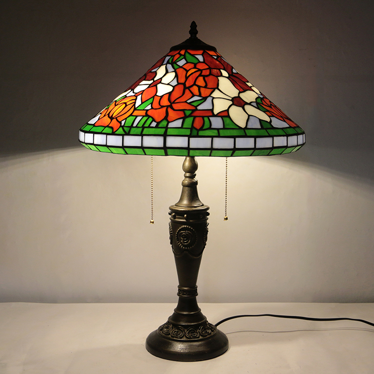 LongHuiJing 16Inch Retro Tiffany Table Lamp Stained Glass Cone Shade Flowers Lampshade Lights Handmade Glass Desk Lamps