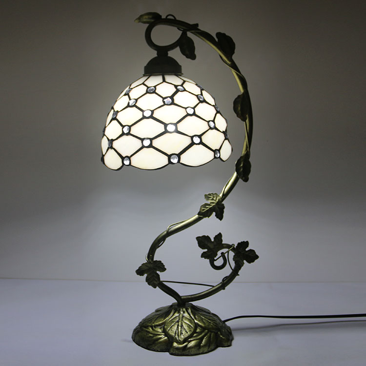 LongHuiJing 8Inch Tiffany Style Table Lamp Beads White Stained Glass Antique 20.5”H Metal Base Decor Lights