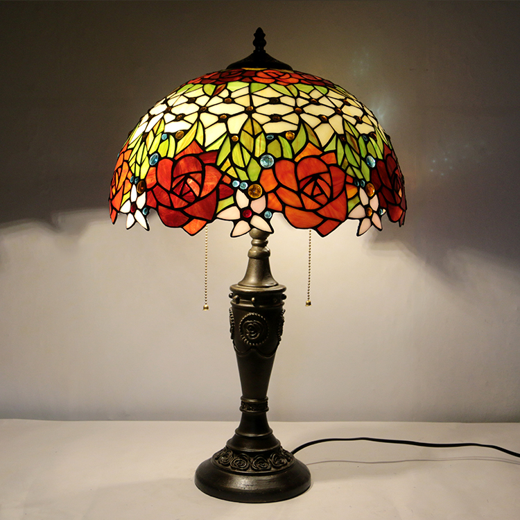 LongHuiJing 16Inch Retro Tiffany Table Lamp Stained Glass Love Roses Lampshade Lights Handmade Glass Desk Lamps