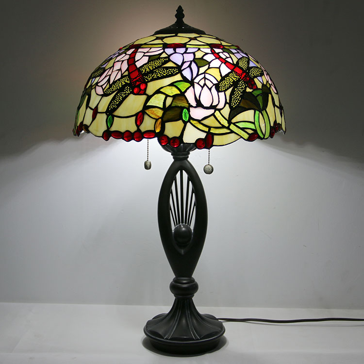 LongHuiJing Tiffany Style Table Lamp Stained Glass Lampshade Dragonfly Bedside Lamp Rose Decorated Lamp 16Inch