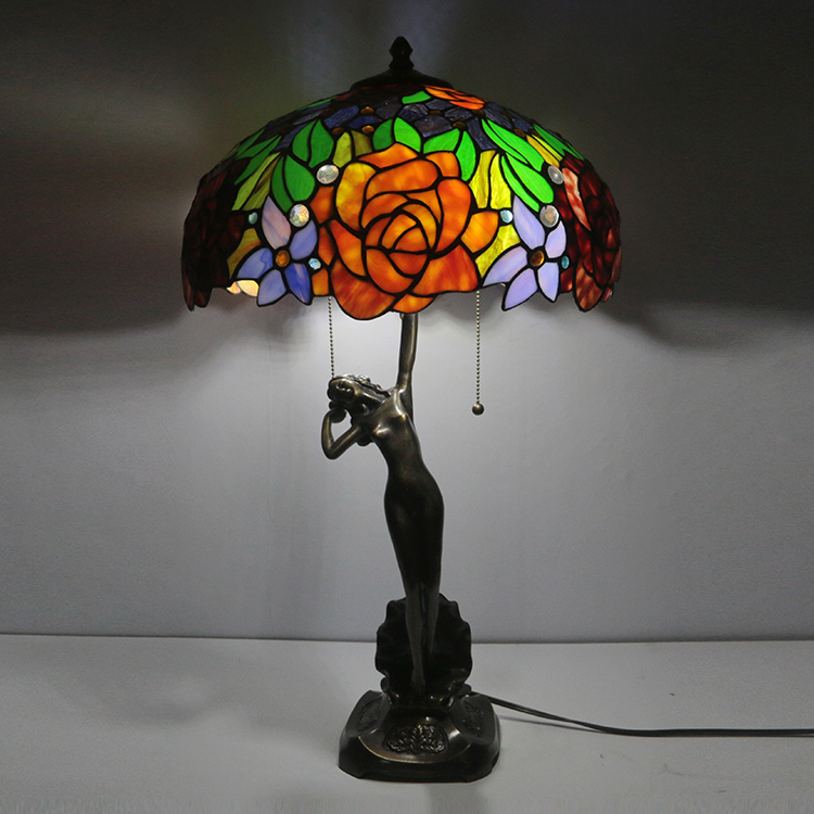 LongHuiJing 16Inch Tiffany Lamp Table Lamp Rose Stained Glass Luxurious Banker Memory Lamp Antique Copper Base
