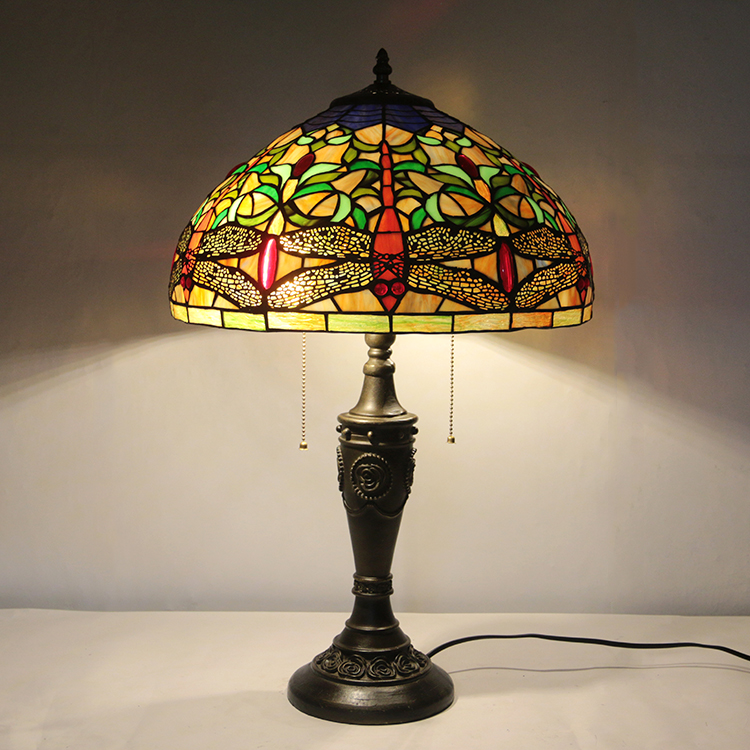 LongHuiJing 16Inch Retro Tiffany Table Lamp Stained Glass Yellow Dragonfly Lampshade Lights Handmade Glass Desk Lamps