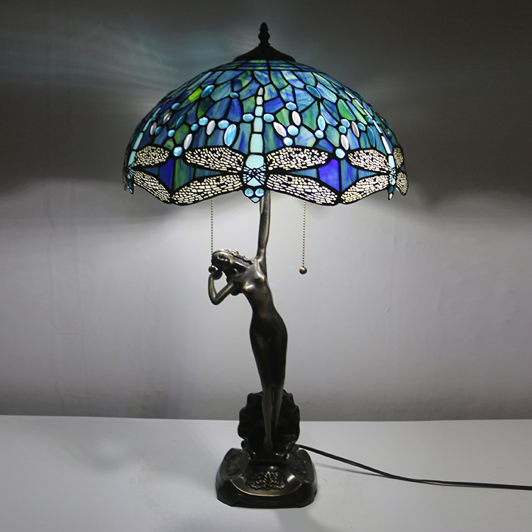 LongHuiJing 16Inch Tiffany Lamp Table Lamp Sea Blue Stained Glass Luxurious Banker Memory Lamp Antique Copper Base