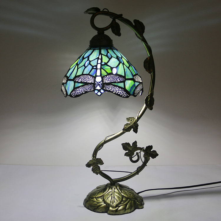 LongHuiJing 8Inch Tiffany Style Table Lamp Dragonfly Green Blue Stained Glass Antique 20.5”H Metal Base Decor Lights