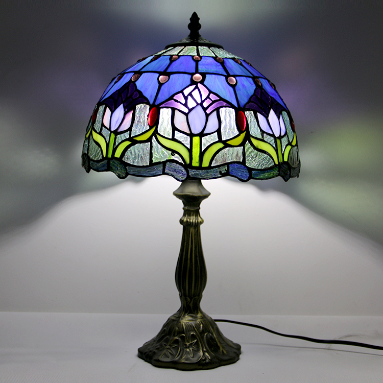 LongHuiJing 12Inch Tiffany Lamp Stained Glass Bedside Table Lamp Antique Tulip Style Reading Desk Light 18" Tall
