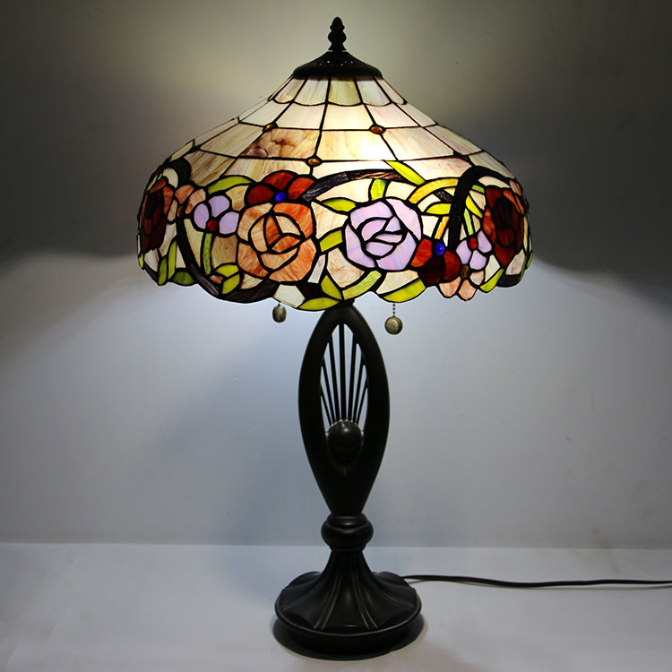 LongHuiJing Tiffany Style Table Lamp Stained Glass Rose Lampshade Bedside Lamp Rose Decorated Lamp 16Inch
