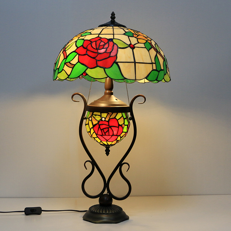 LongHuiJing 16Inch 3Bulbs Tiffany Style Stained Glass Table Lamp With Double Lit Bedroom Bedside Art Lighting