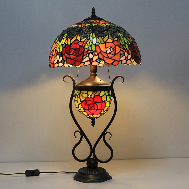 LongHuiJing Tiffany Table Lamp Stained Glass Bedside Lamp Red Rose 16Inches Desk Reading Light