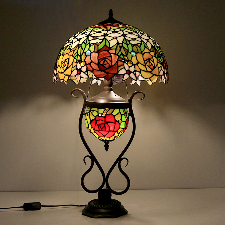 LongHuiJing 16Inch Tiffany Table Lamp Stained Glass Bedside Lamp Red With Double Lit Bedroom Bedside Art Lighting
