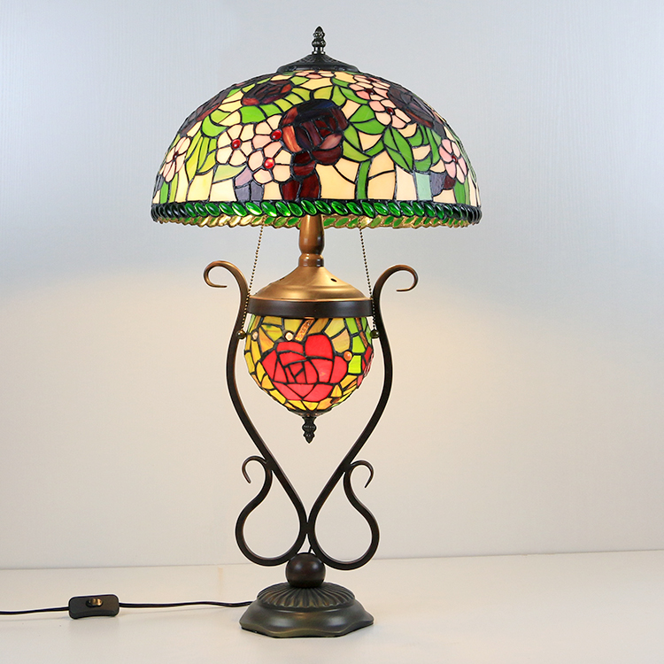 LongHuiJing Tiffany Style Table Lamp Banker Stained Glass Rose Floral With Double Lit Bedroom Bedside Art Lighting