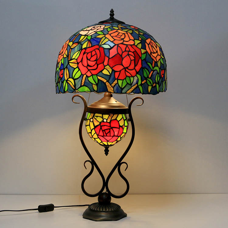 LongHuiJing 16-Inches Vintage Rose Tiffany Style Stained Glass Table Lamp With Double Lit Bedroom Bedside Art Lighting