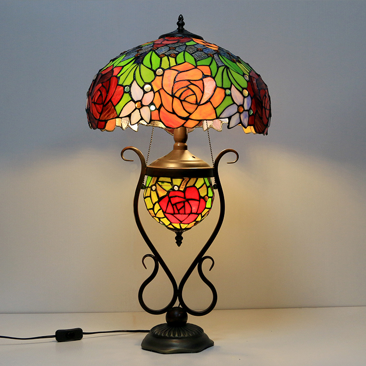LongHuiJing 16-Inches Unique Rose Tiffany Style Stained Glass Table Lamp With Double Lit Bedroom Bedside Art Lighting