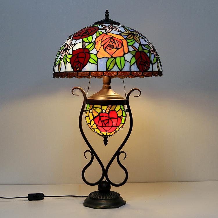 LongHuiJing 16Inch Vintage Flower Tiffany Style Stained Glass Table Lamp With Double Lit Bedroom Bedside Art Lighting