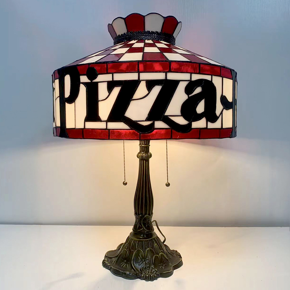 LongHuiJing New Pizza Stained Glass Table Lamp Tiffany Style Desk Light With 16Inch Wide Lampshade and Zinc Alloy Base