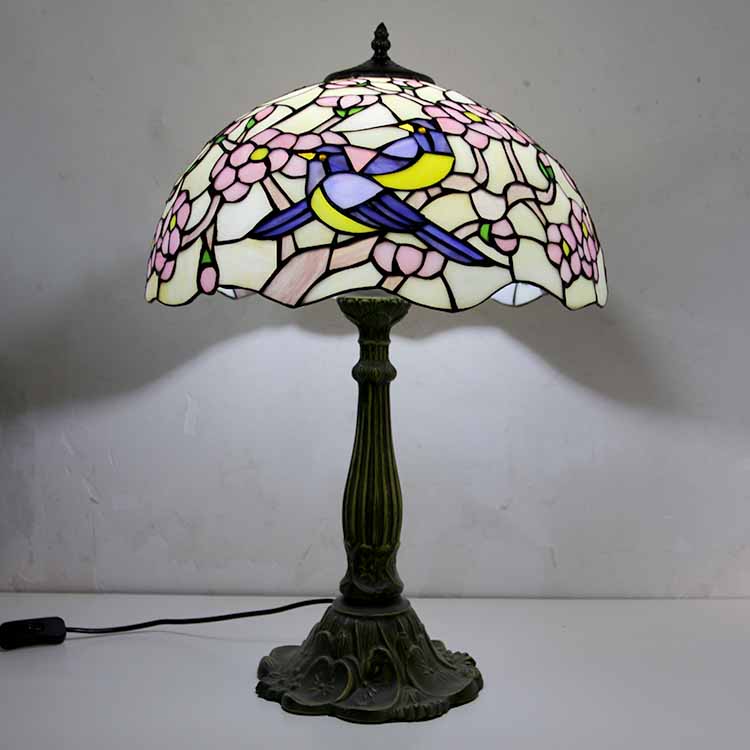 LongHuiJing Magpies Stained Glass Table Lamp Tiffany Style Desk Light With 16Inch Wide Lampshade and Zinc Alloy Base
