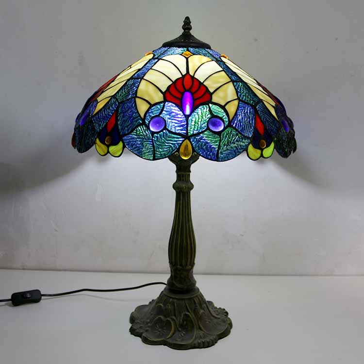 LongHuiJing Royal Blue Stained Glass Table Lamp Tiffany Style Desk Light With 16Inch Wide Lampshade and Zinc Alloy Base