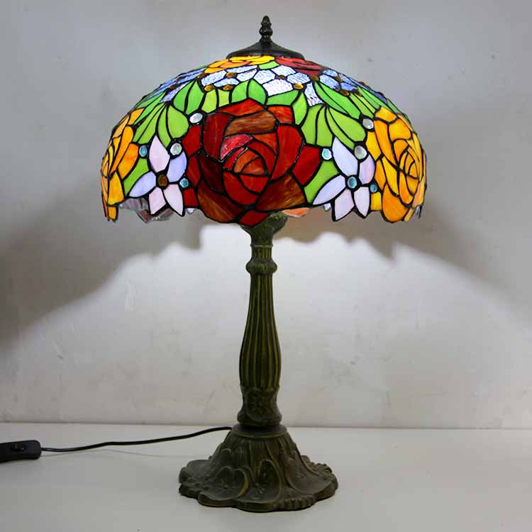 LongHuiJing Rose Flower Stained Glass Table Lamp Tiffany Style Desk Light With 16Inch Wide Lampshade and Zinc Alloy Base