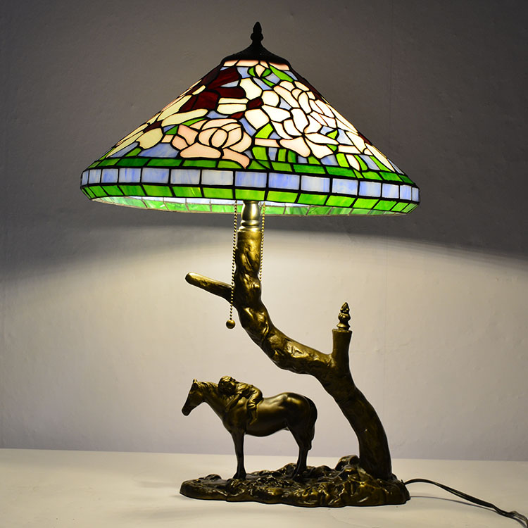 LongHuiJing Stained Glass Table Lamp Tiffany Style Desk Light With 16Inch Cone Lampshade With Horse Resin Base