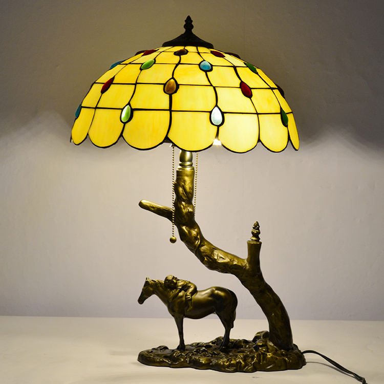 LongHuiJing Stained Glass Table Lamp Tiffany Style Desk Light With 16Inch Peacock Lampshade With Horse Resin Base