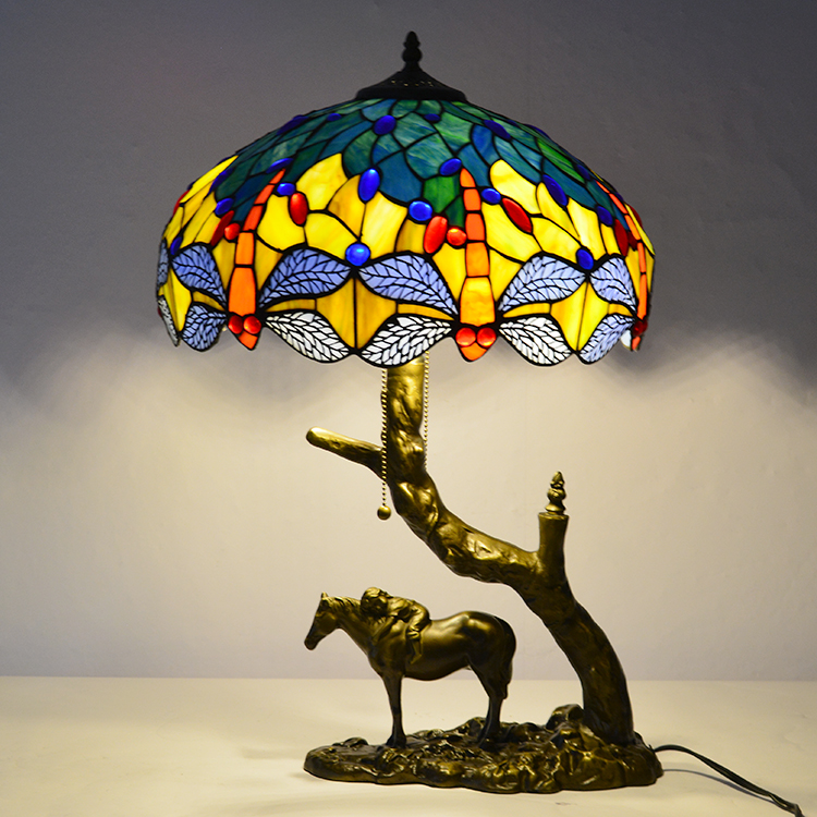 LongHuiJing Stained Glass Table Lamp Tiffany Style Desk Light 16Inch Dragonfly Lampshade With Horse Resin Base