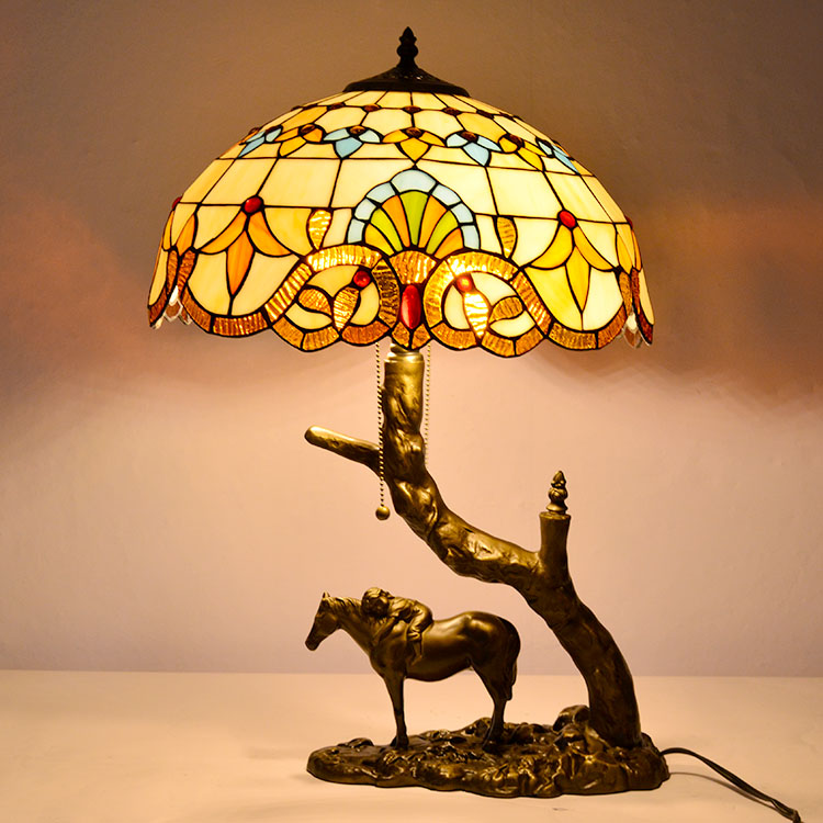 LongHuiJing Stained Glass Table Lamp Tiffany Style Desk Light With 16Inch Baroque Lampshade With Horse Resin Base