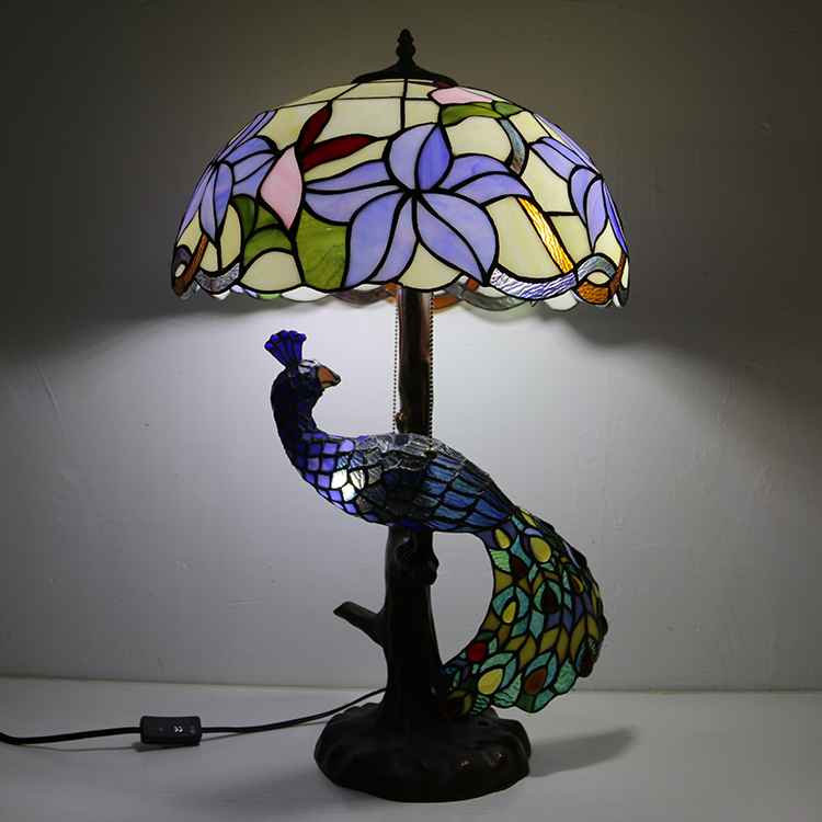 LongHuiJing 16Inch Floral Stained Glass Lampshade Desk Lamp Tiffany Style Table Lamps With Glass Peacock and Tree Base
