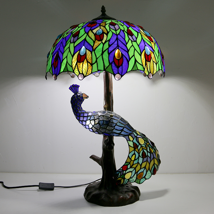 LongHuiJing Tiffany Style Table Lamp With Peacock Base 16Inch Antique Colorful Stained Glass Lampshade Table Lighting