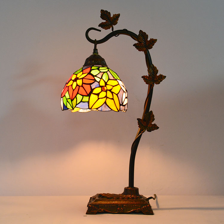 LongHuiJing 8Inch Tiffany Style Stained Glass Table Lamps Handmade Desk Lights With Morning Glory Vine Metal Base
