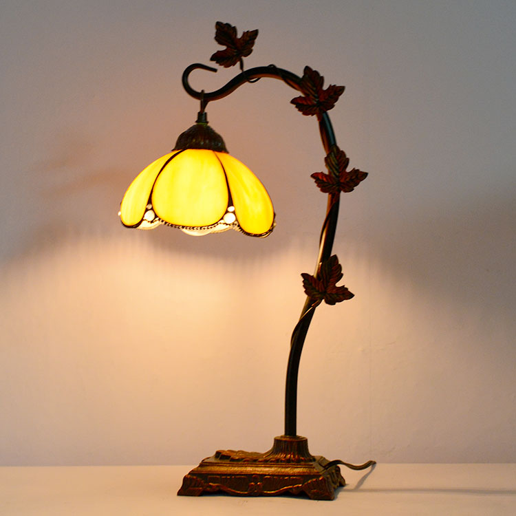 LongHuiJing Home Decor Tiffany Table Lamp Golden Stained Glass Lampshade Desk Light Morning Glory Vine Metal Base