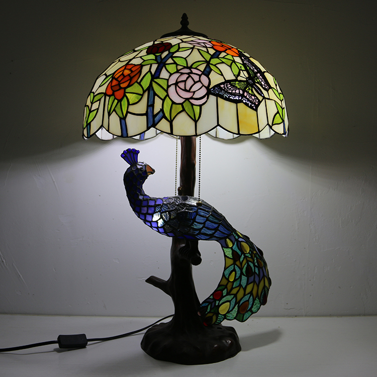 LongHuiJing 16Inch Florist Stained Glass Lampshade Desk Lamp Tiffany Style Table Lamps With Glass Peacock and Tree Base