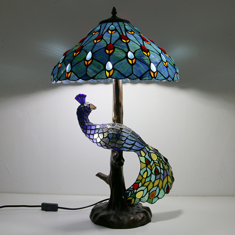 LongHuiJing Tiffany Style Table Lamp With Peacock Base 16Inch Antique Blue Stained Glass Lampshade Table Lighting