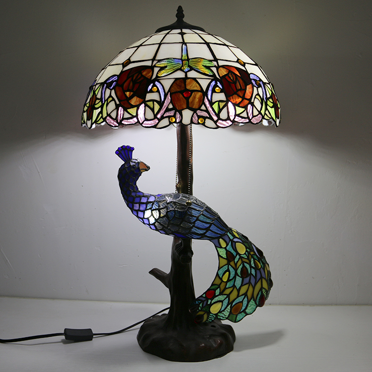 LongHuiJing Tiffany Style Table Lamp With Peacock Base 16Inch Antique Red Rose Stained Glass Lampshade Table Lighting