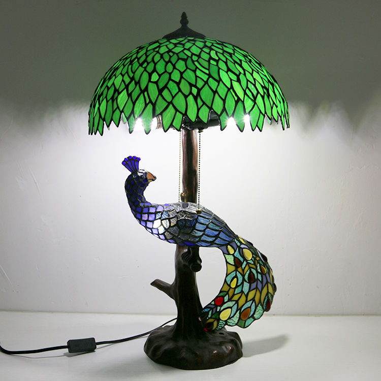LongHuiJing Green leaf Stained Glass Lampshade Desk Lamp Tiffany Style Table Lamps With Glass Peacock and Tree Base
