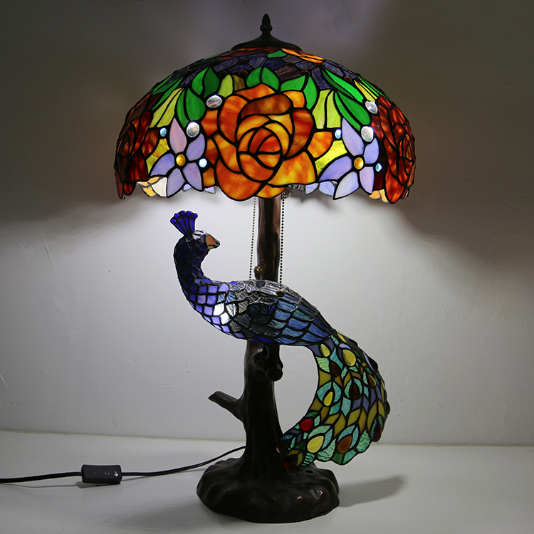 LongHuiJing Tiffany Style Table Lamp With Peacock Base 16Inch Antique Rose Stained Glass Lampshade Table Lighting