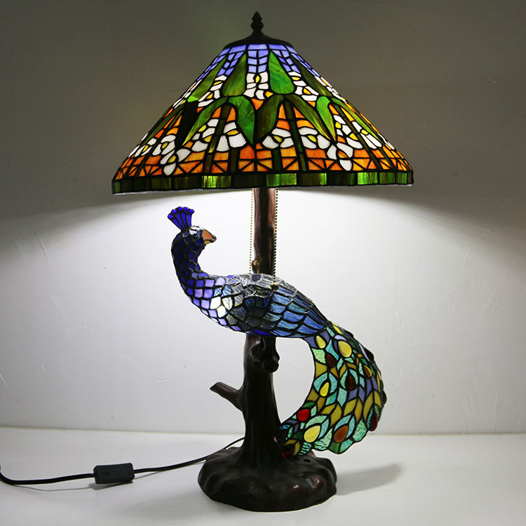 LongHuiJing 16Inch Cone Stained Glass Lampshade Desk Lamp Tiffany Style Table Lamps With Glass Peacock and Tree Base