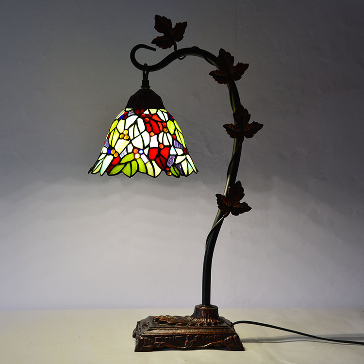 LongHuiJing Home Decor Tiffany Table Lamp Leaf Stained Glass Lampshade Desk Light Morning Glory Vine Metal Base