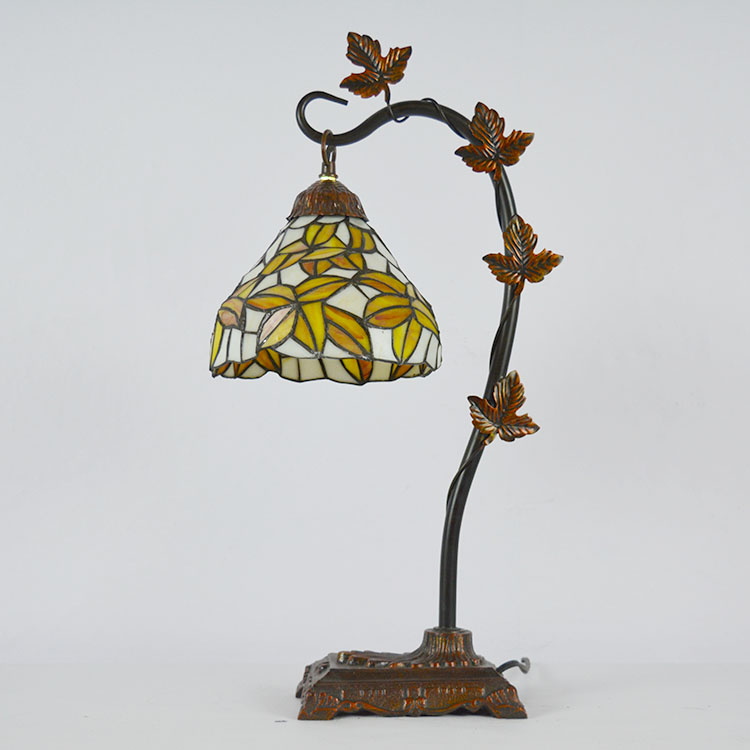 LongHuiJing 8Inch Leaf Tiffany Stained Glass Table Lamps Creative decor Desk Lights With Morning Glory Vine Metal Base