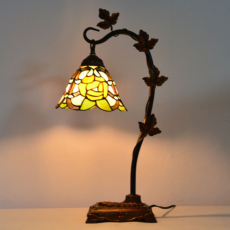 LongHuiJing Home Decor Tiffany Table Lamp Yellow Floral Stained Glass Lampshade Desk Light Morning Glory Vine Metal Base