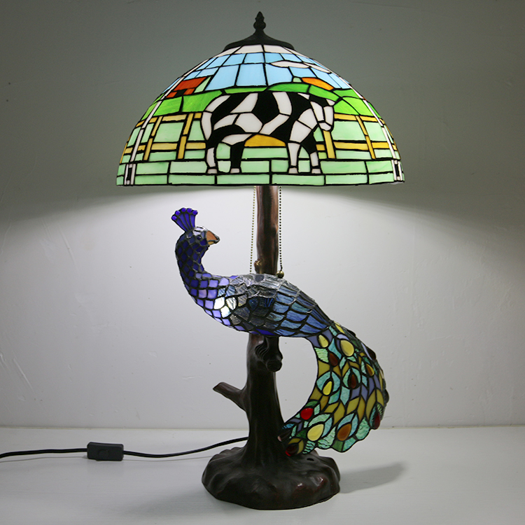 LongHuiJing Tiffany Style Table Lamp With Peacock Base 16Inch Antique Dairy Cow Stained Glass Lampshade Table Lighting